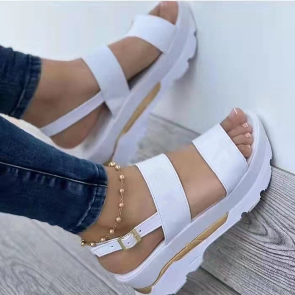 Women's Platform Open Toe Sandals Solid ColorAnkle Buckle Strap Non Slip Shoes Casual OutdoorSandals