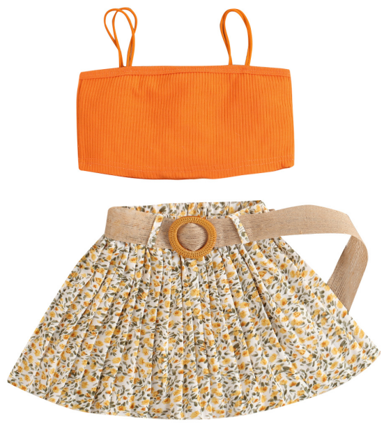 Solid color pit strap top printed pleated skirt two piece
