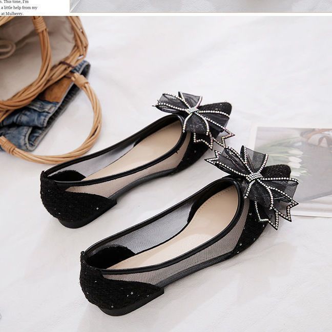 Summer Breathable Flat Heel Women's Scoop Shoes New Korean Edition Butterfly Knot Designed Mesh Pointed Casual Shoes
