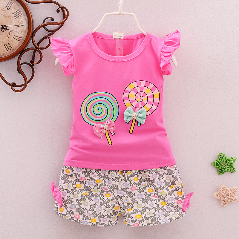 Ones girls summer flying sleeves lollipop t-shirt clothing set Korean baby kids cotton suit