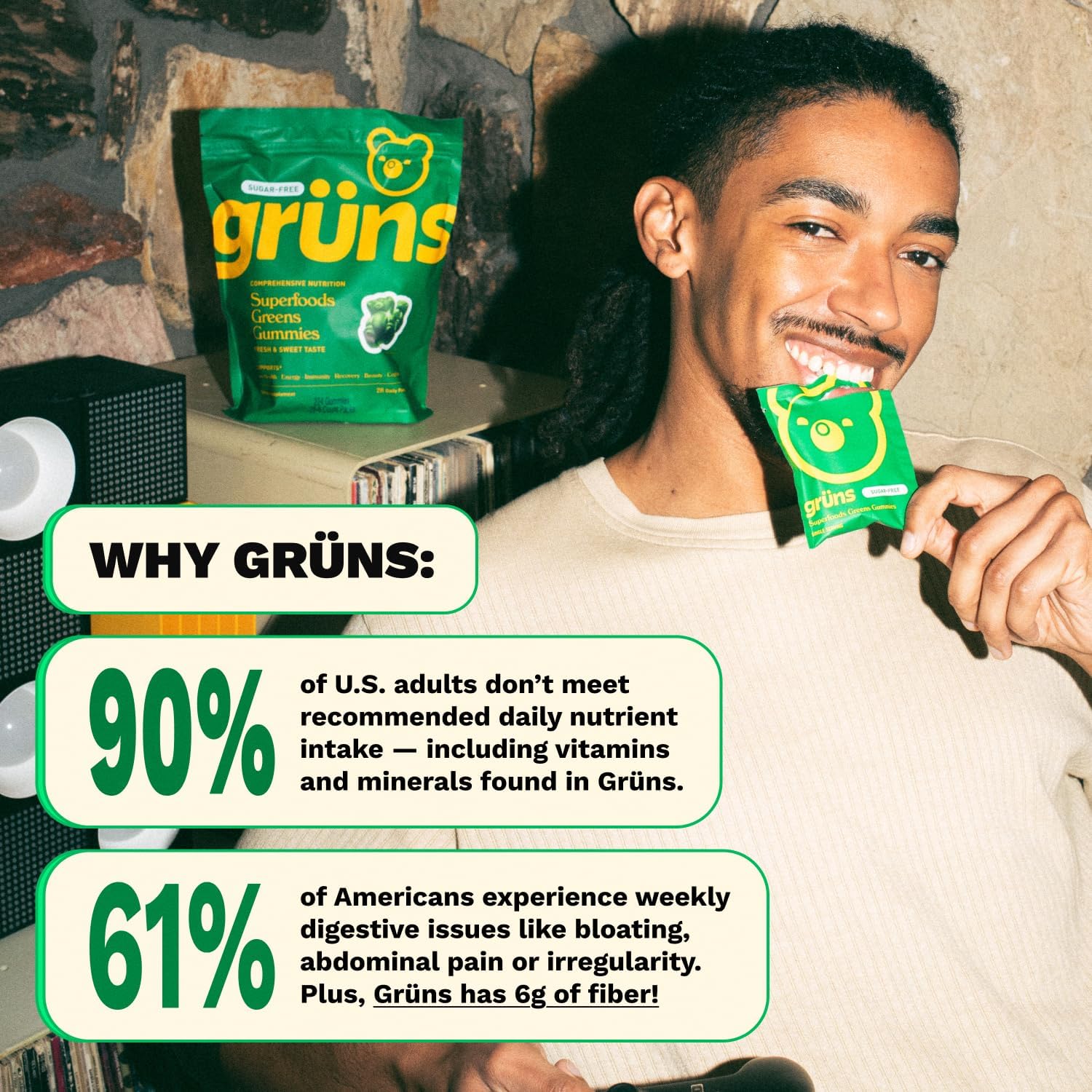 Gruns Adult Super Greens Multivitamin Gummies, Superfood Gummy Vitamins for Women and Men with Spirulina, Chlorella, Adaptogens & Prebiotic Fiber for
