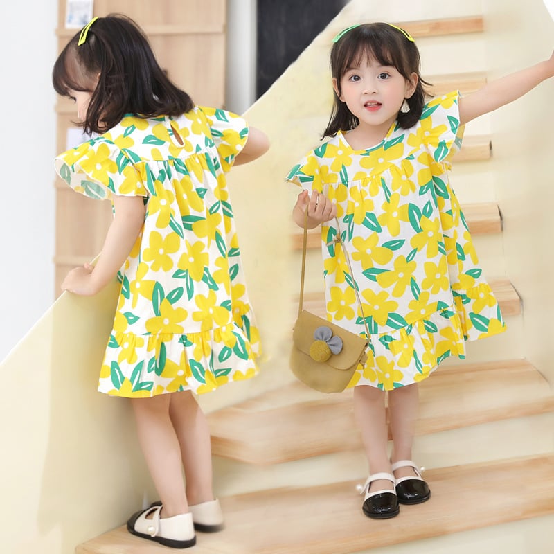 Summer Sweet Small and Medium Girls Cartoon Printed Cotton A-line Dress Dress