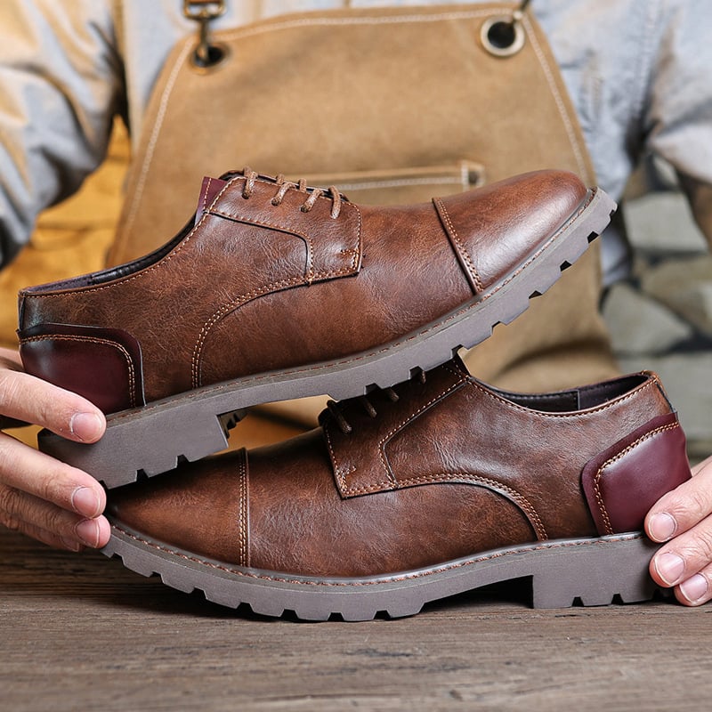 Men's Casual Outdoor Work Shoes Large Size British Style Leather Shoes Comfortable Polyurethane Lined Rubber Soled Derby Shoes