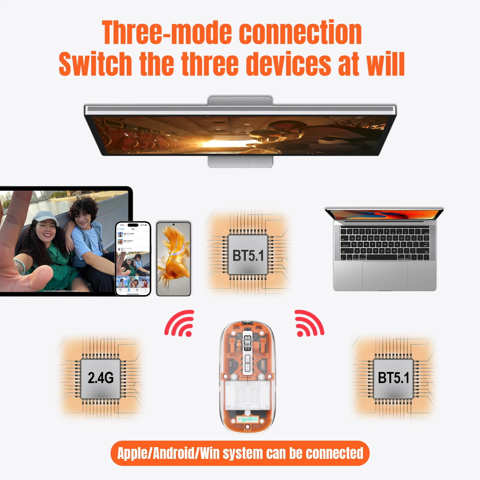 3 Modes Wireless Bluetooth Transparent Mouse 2.4G USB 2400DPI Adjustable Rechargeable Battery Display Mice for ipad Mipad Laptop