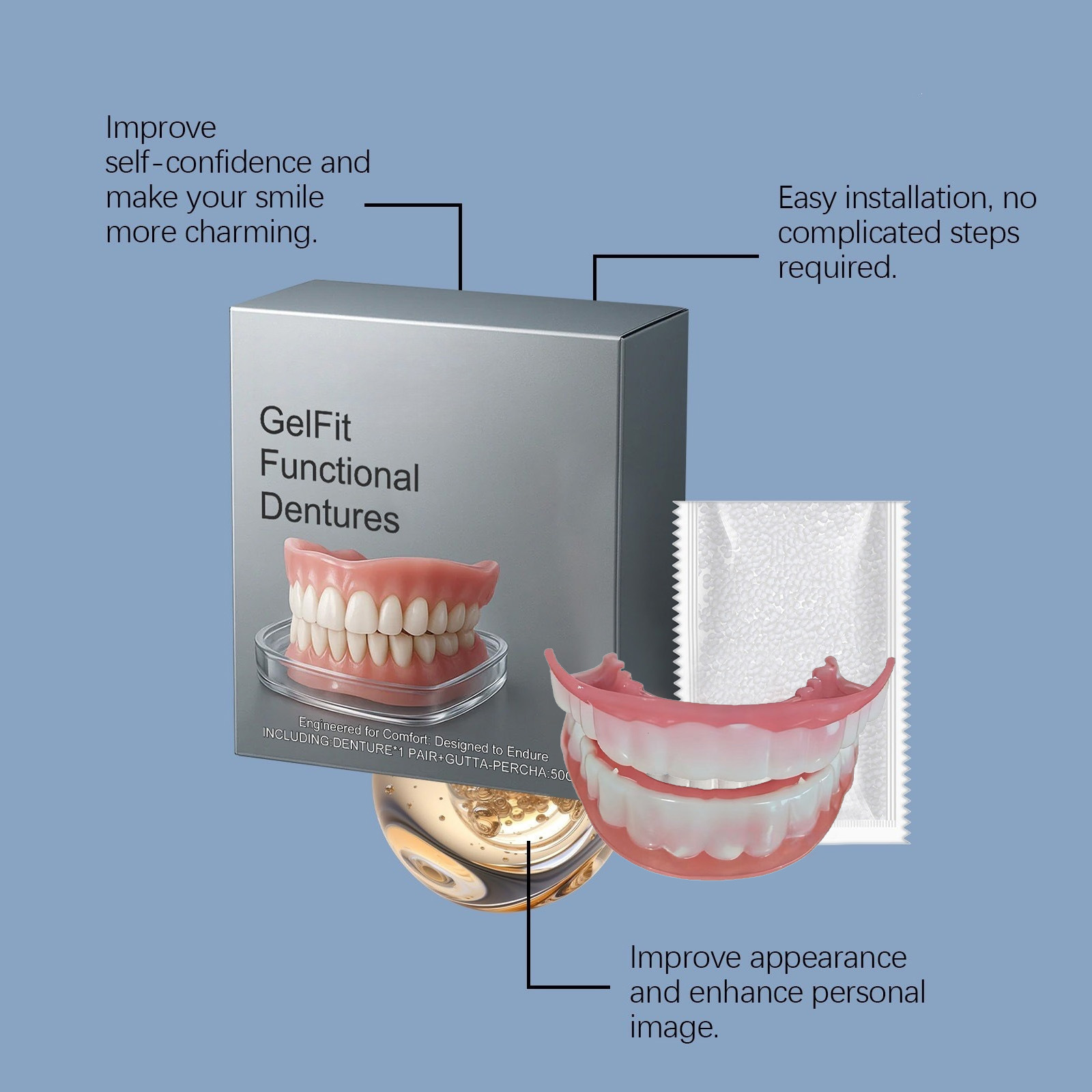 Functional Dentures False Teeth Full Set Perfect Fit Soft Safety Easy to Use Oral Improve Tooth Loss Broken Temporary Improve