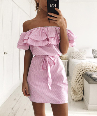 Fashion casual sexy word collar multi-layer ruffled striped lace-up colorful dress