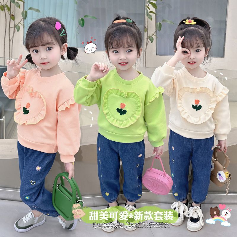 Toddler Kids Baby Girls Ruffle Tops Sweatshirt Denim Pants Jeans Outfits Children's clothing 2PCS Sweater+Jeans