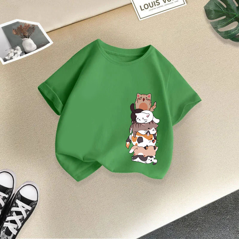 Kawaii Cat Graphic Harajuku Anime Short Sleeve Boys Girls Tshirt Children Cartoon T-shirt Kids Tops Tee Cotton Children Costumes