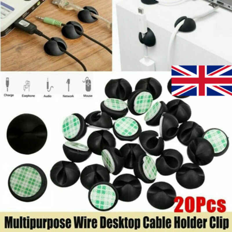 20pcs/lot Cable Drop Clip Desk Tidy Organiser Wire Cord Lead USB Charger Cord Holder Organizer Holder Secure Table