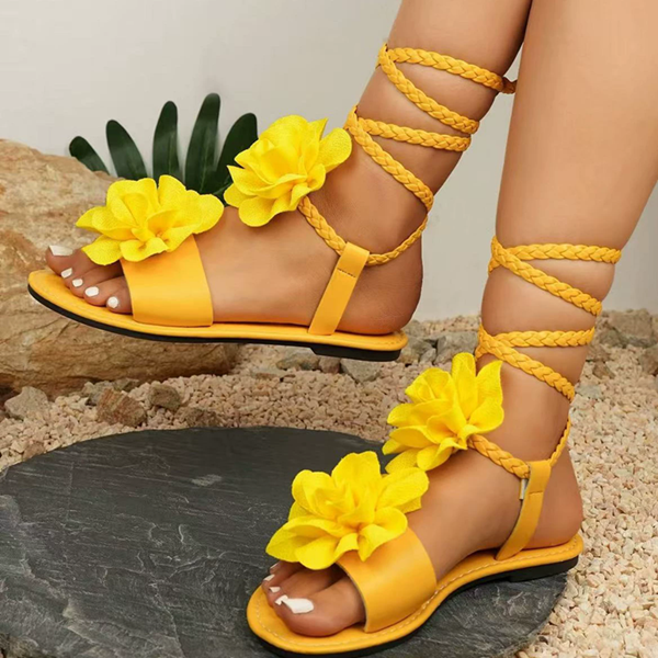 Summer Women Beach Sandals Bohemian Soft Bottom Ankle Lace Up Roman Sandals 3D Flower Fashion Open Toe Non-Slip Flat Shoes