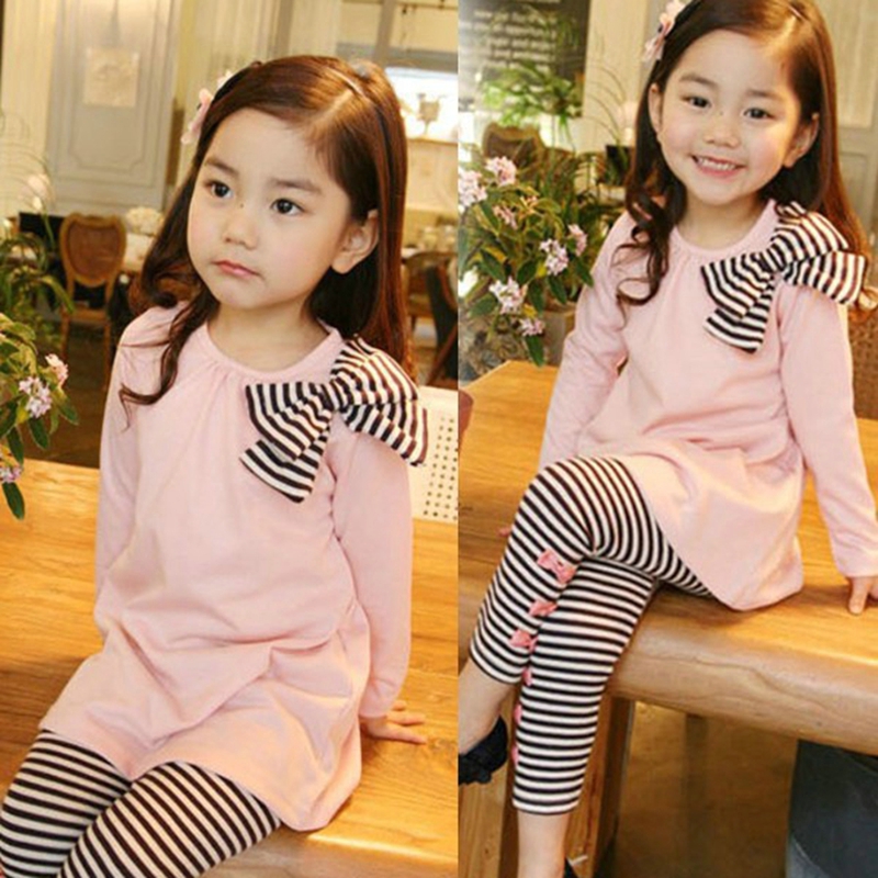 Winter Baby Girl Clothing Set Long Sleeve Bow T-shirt Top +strip Pants with Small Bow Kid Girls Clothing Suits Outfits