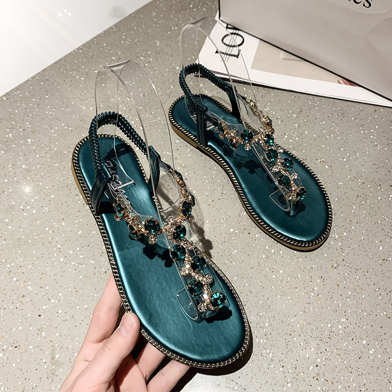 Women's flat comfortable beach shoes Non-slip soft bottom Casual flip flops Rhinestone decoration Summer flat slipper
