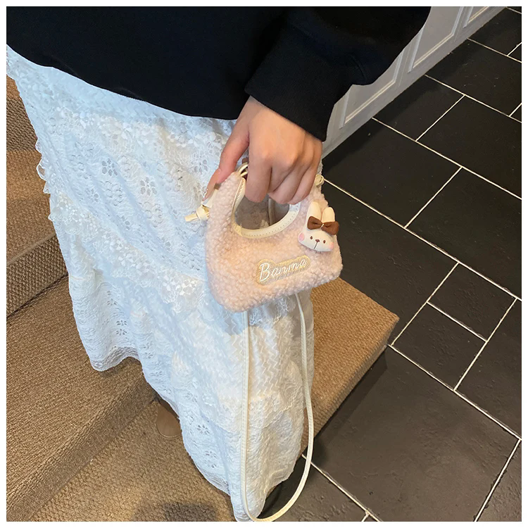 Fluffy Mini Handbags Embroidery Cute Letters Print Rabbit Appliques Fleece Crossbody Bag Casual Female Lipstic Messenger Packs