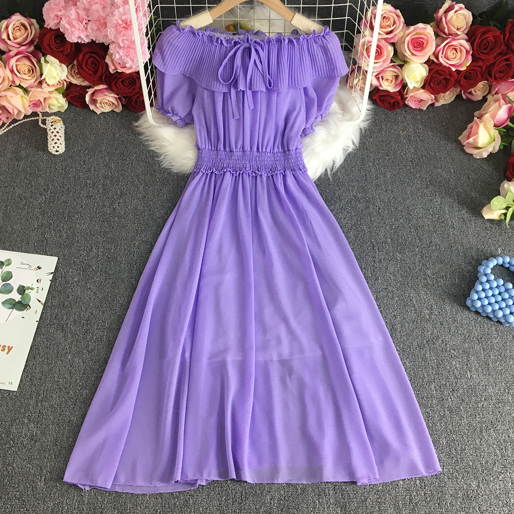 Vacation Slightly Transparent Dress Super Immortal Sweet 100 Pleated Ruffle Edge One Line Neckline Fashionable Knee Length Chiff