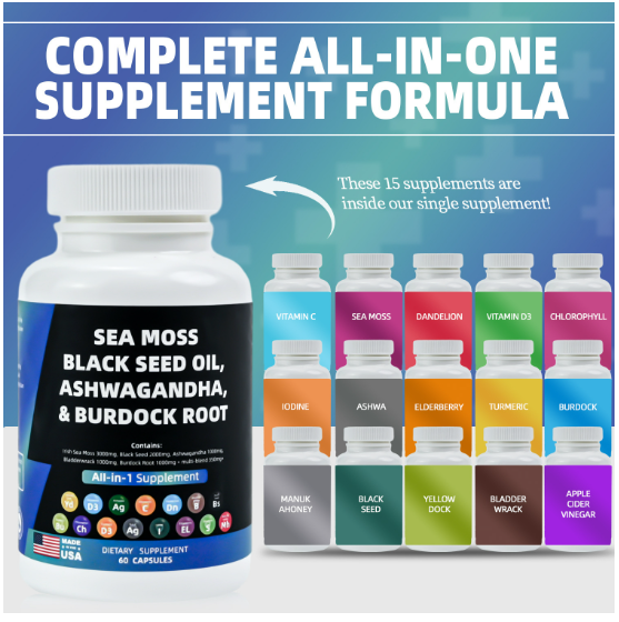 Sea Moss Capsules Contain Black Seed Turmeric & Vitamin D Plant-Based Daily Mineral All in One Supplement 60 Count Per Bottle
