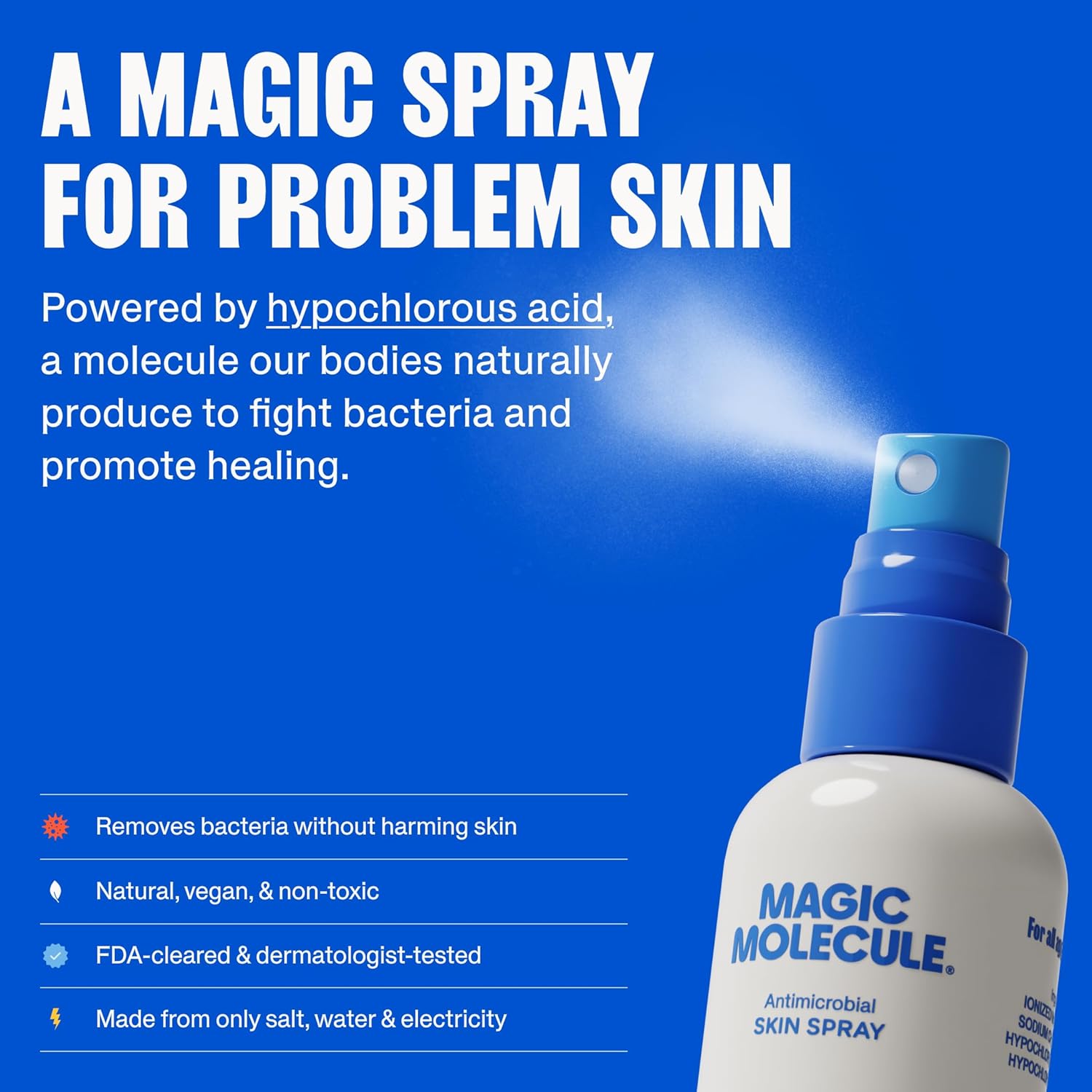 Magic Molecule Skin Cleanser for All Types, Hypochlorous Acid Spray Helps Heal Acne Prone, Eczema and Itchy Rashes and 50 Other Skin Ailments, 8 oz Sp