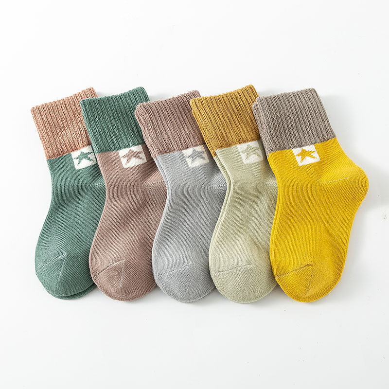 5 pairs of combed cotton children's socks tube socks boys babies solid color spring and autumn blue short polar bear