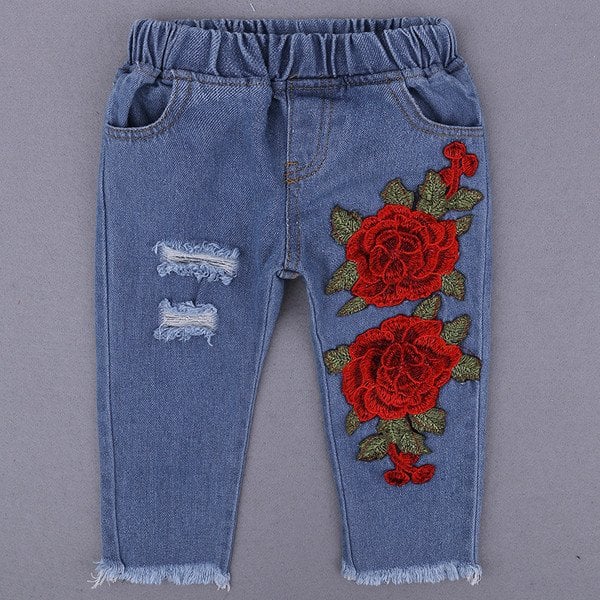Girls fashion creative pure white openwork lace sling sleeves shirt rose embroidered denim pants suits