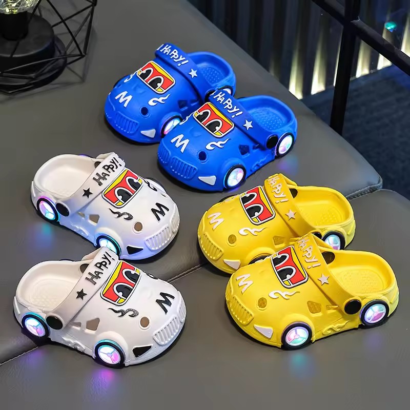 Children's Slippers 2026 Summer New Boys' Car Shaped Wheels Will Light Up Anti Slip Soft Bottom Baby Beach Slippers