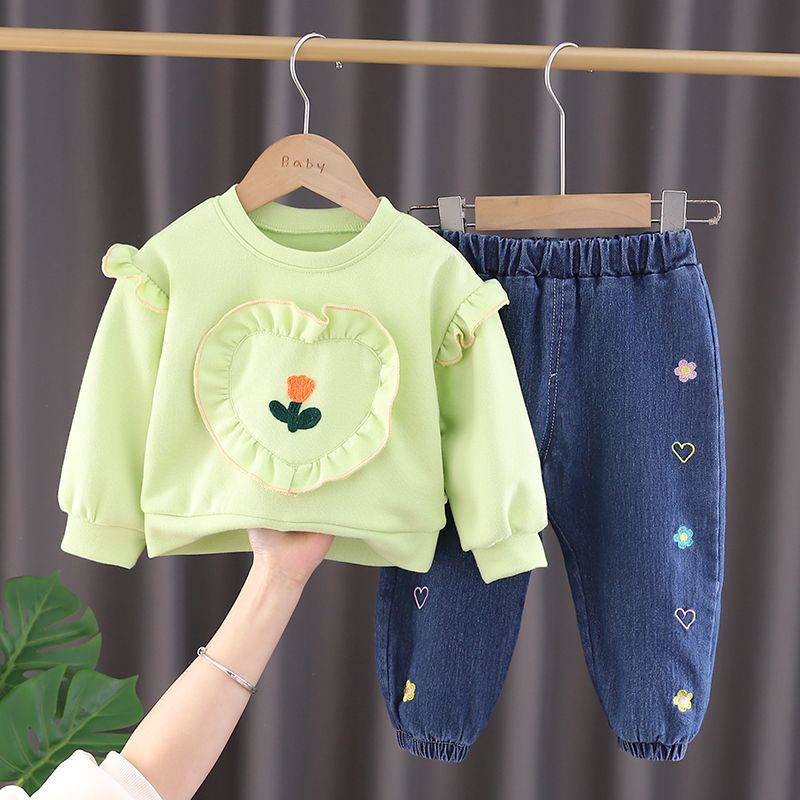Toddler Kids Baby Girls Ruffle Tops Sweatshirt Denim Pants Jeans Outfits Children's clothing 2PCS Sweater+Jeans