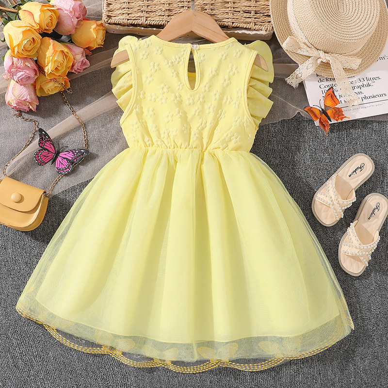 Kids Princess Dress For Girls O-Neck Wing-Sleeve Bowknot Floral Print Embroidery 4-7 Years Summer Sweet Birthday Party Clot