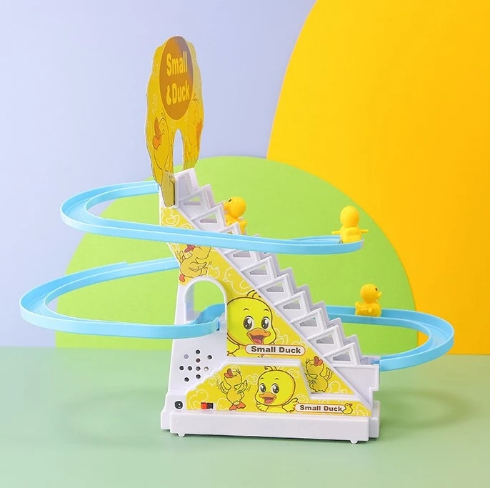 Electric Rail Racing Track Small Duck Climbing Stairs Toy DIY Racing Track Toy Music Duck Roller Coaster Toy For Boys Girls Gift