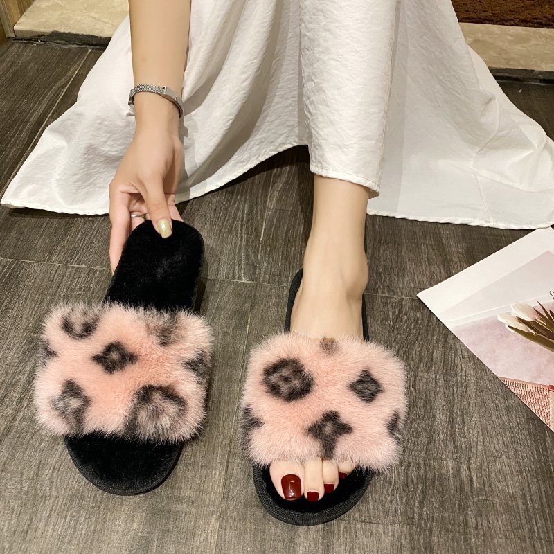 Leopard-print fur slippers women's autumn outer wear one-word drag fur women's shoes sandals non-slip PVC half drag
