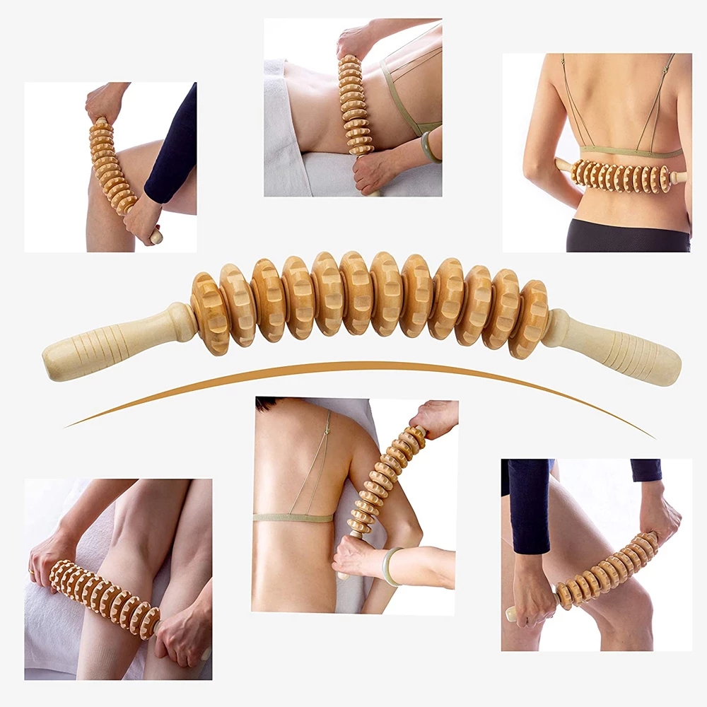 Wooden massager 44 cm curved twelve-wheel push roller massage belly back wooden massager