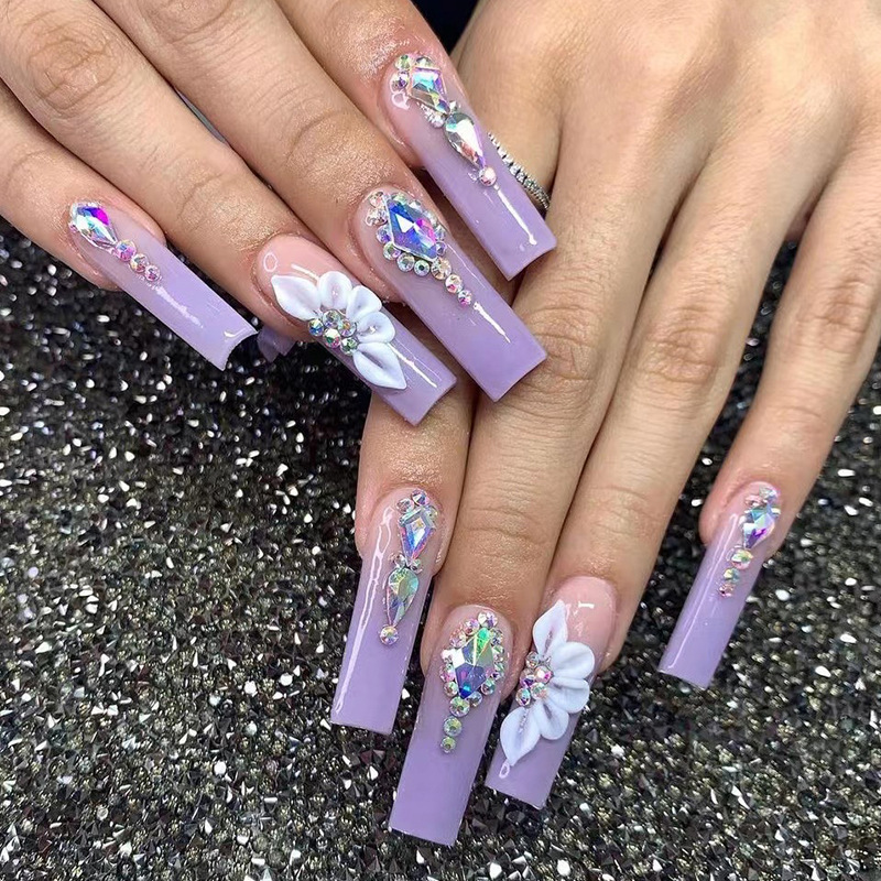 24pcs/box pre design acrylic nail tips Peach Pink French plum blossom drill water drop Ballet False nails coffin manicure