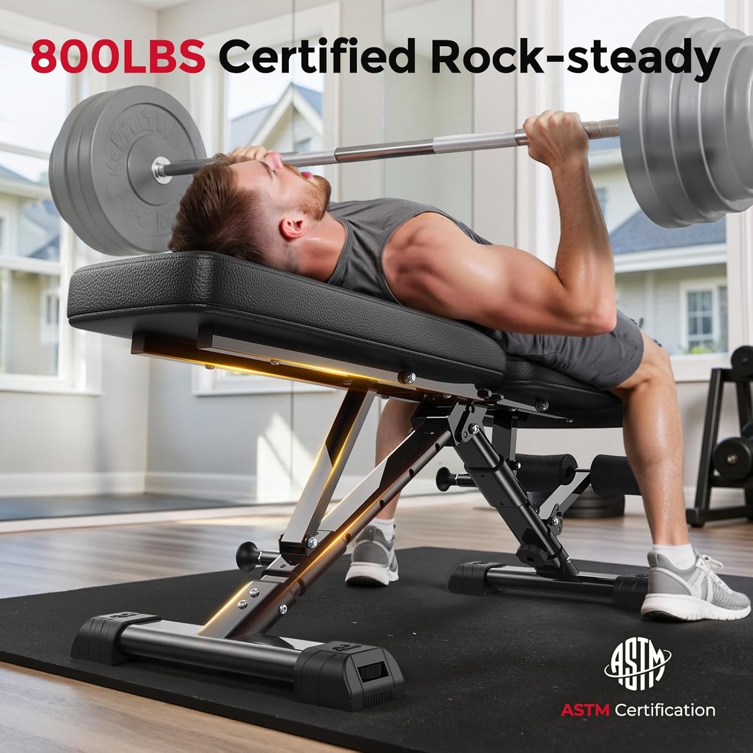 FLYBIRD WB5 Weight Bench, ASTM-Certified 800LBS Adjustable Weight Bench Workout Bench Foldable for Home Gym, 90° to -30° FID and 30in Extended Backres