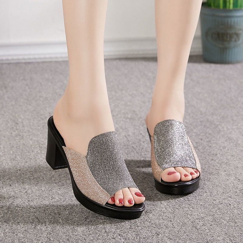 New High Heel Slippers for Women Square Heel Platform Women Sandals Thick-heeled Bright Leather Solid Color Casual Shoes