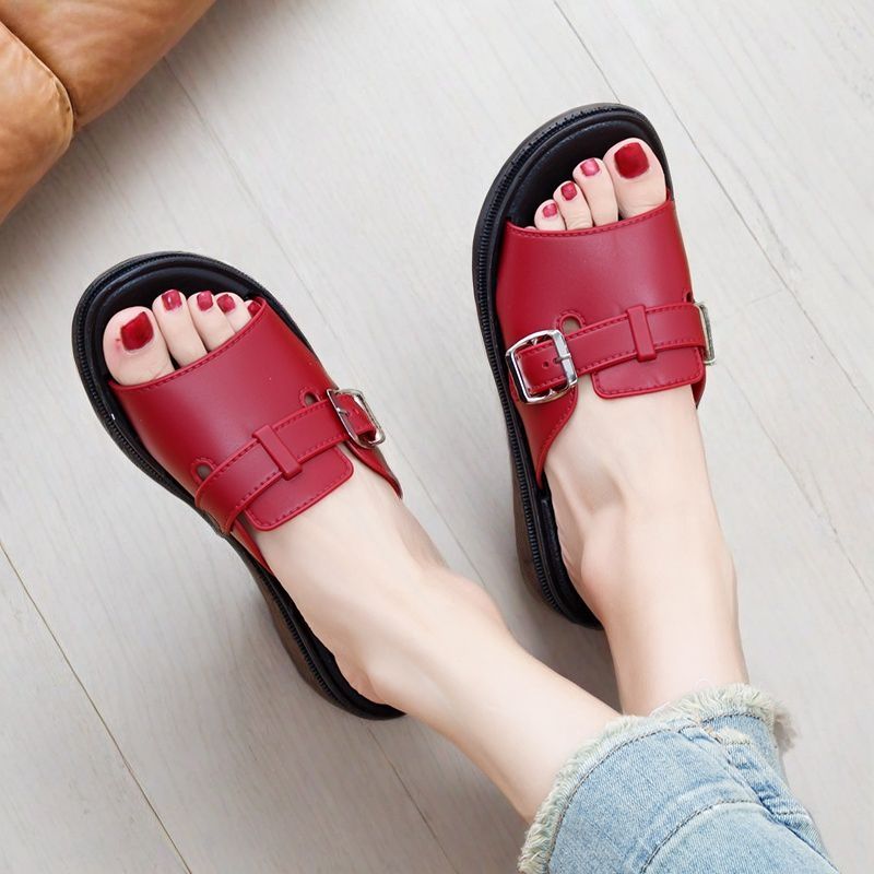Woman's Summer New Flat Sole Peep Toe Slippers Thick Sole Non Slip Fashionable Outdoor Beach Slippers Sandals Elderly Slippes