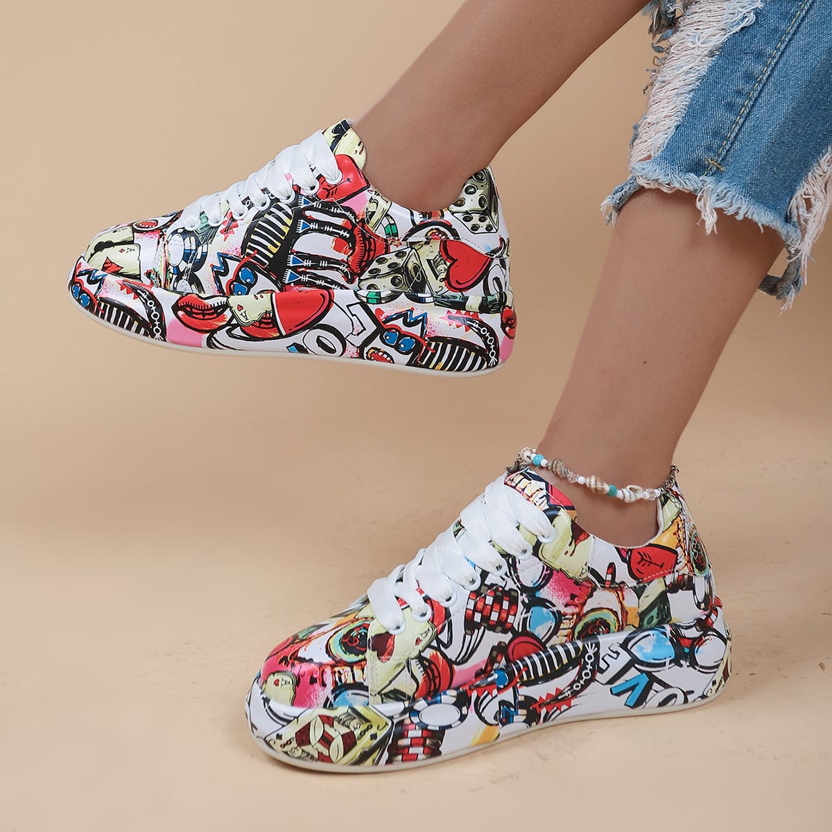 Women's Graffiti Print Sports Shoes Fashion LaceUp Low Top Platform Sneakers Casua Skate Shoes