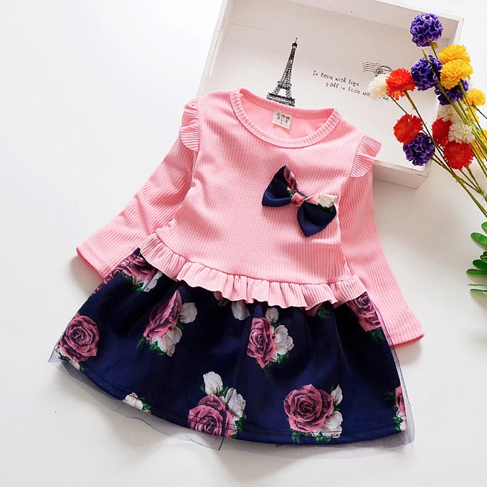 Baby Girls Dress Autumn Cute Bow Print Newborn Dress Long sleeved Princess Dresses for Girl Toddler Kids Dress 2-7Y