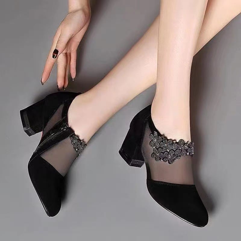 Fashion Women Shoes Sexy Black Hollow Mesh Pointed Heels Elegant Flower Shaped Rhinestone Ornament Footwear