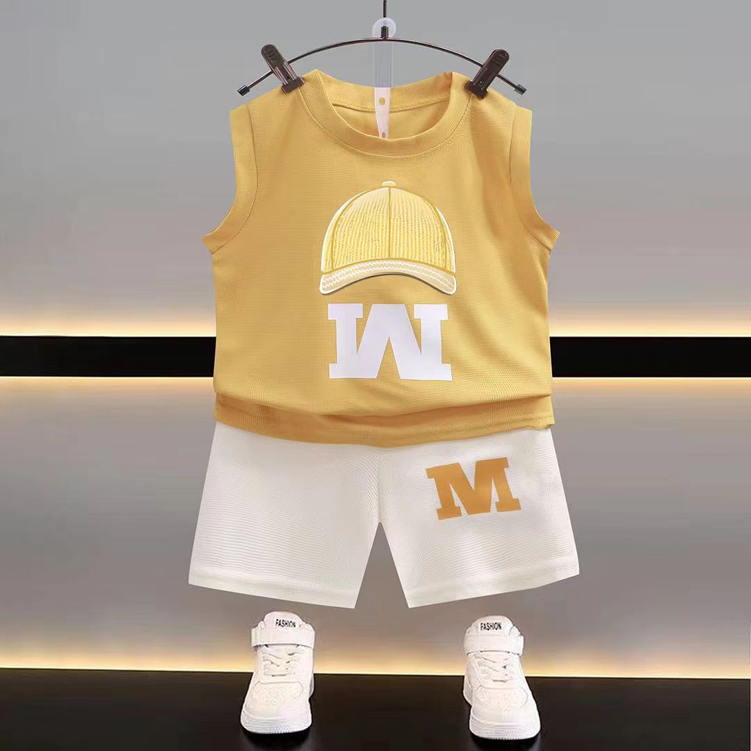 2025 New Summer Kids Sports Clothes Sets Boys Girls Cartoon Letter Print Sleeveless Tank Tops + Shorts Baby Casual Clothing
