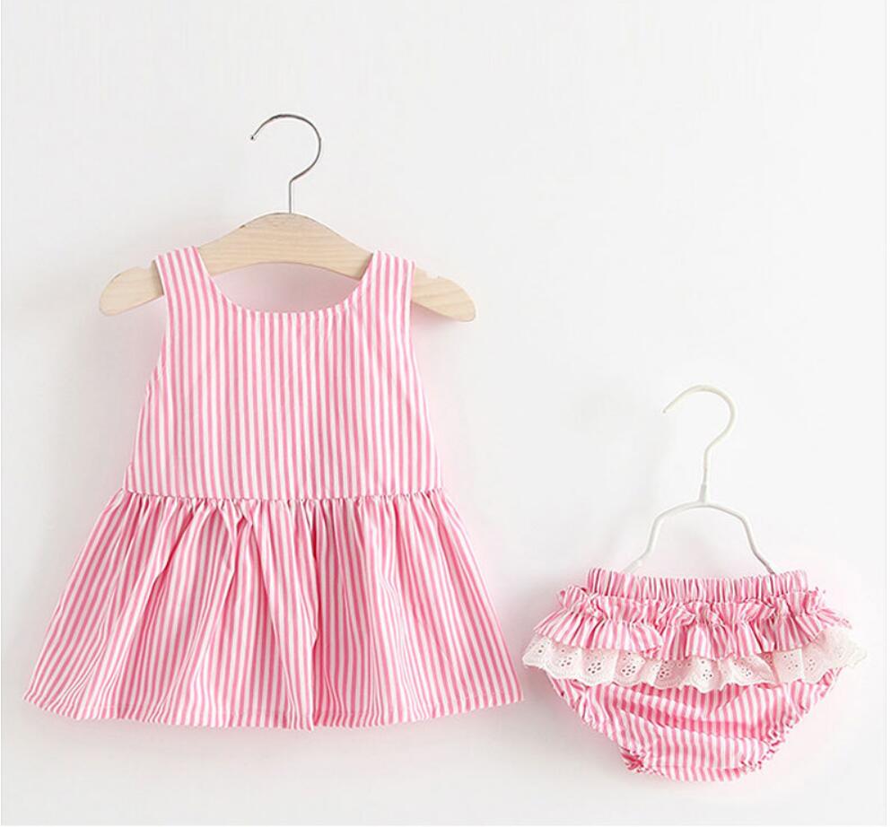 Baby Girls Newborn Dress Clothes New Cute Bowknot Striated Sleeveless Girl Dress + PP Pants infant 2pcs Clothing Sets Kids