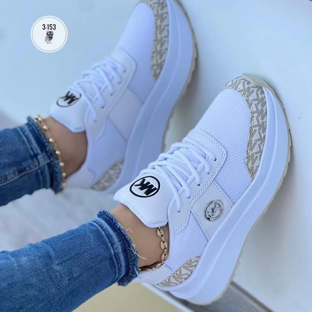 Large size fashion flat bottom color blocking round head casual sneakers women fall and winter new front lace-up single shoes
