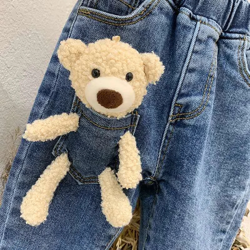 Baby pants 2-6Years Winter Girls Boys Cute Cartoon Bear Jeans Pant Baby Kids Children Thick Warm Fleece Denim Trousers