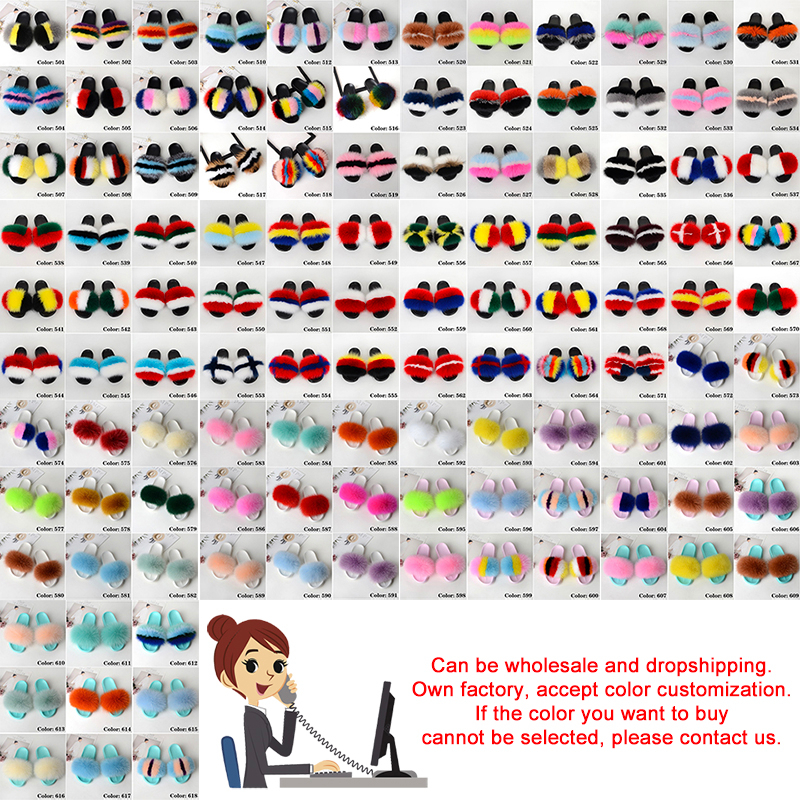 Fur slippers ladies anti-true fox fur slippers home furry flat sandals plush slippers