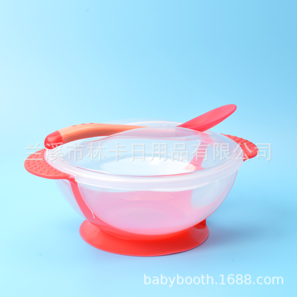 Baby sucker bowl spoon set Temperature spoon buckle cover children non-slip bowl baby training bowl grinding bowl three-piece