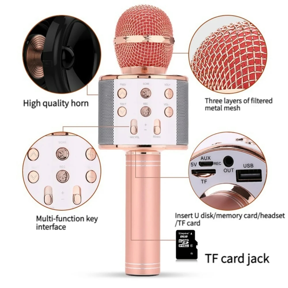 858L Wireless Handheld Microphone Bluetooth-compatible Karaoke Speaker Home KTV Player with Dancing LED Lights Microphones