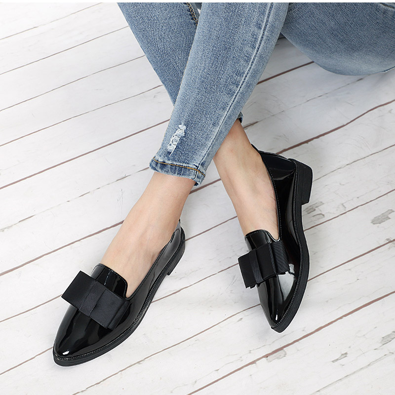 Spring Flats Women Shoes Bowtie Loafers Patent Leather Elegant Low Heels Slip On Footwear Female Pointed Toe Thick Heel &