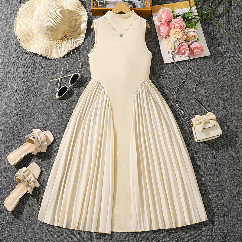 Summer New Teen Girls Dress Solid Color Patchwork Sleeveless A-Line Dress For 8-12 Years Girls Daily Casual Elegant Dance Dress