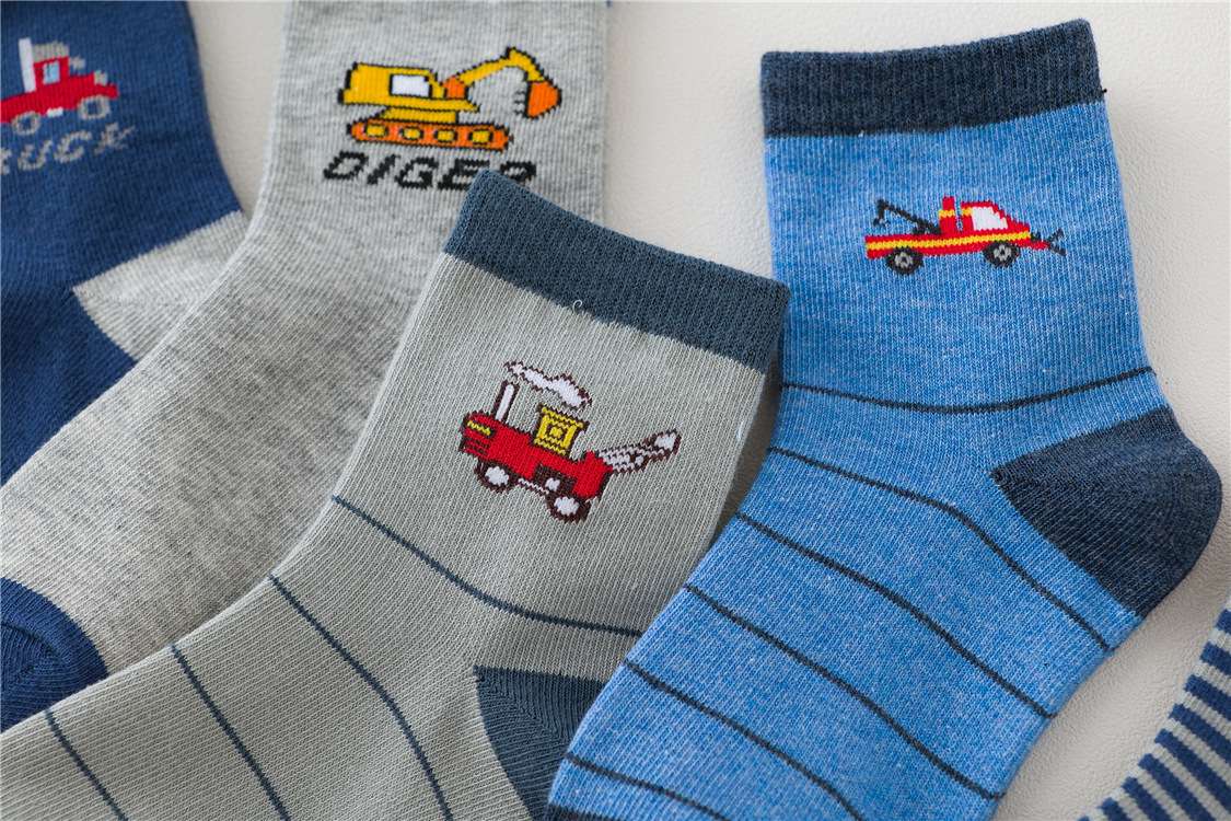 5 pairs of children's socks Spring and Autumn pure cotton car cartoon boys' medium tube socks