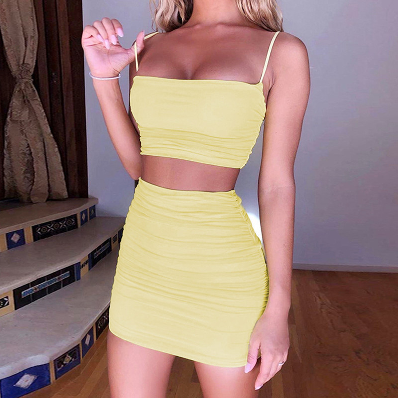Summer Europe and America Sexy Strap Small Tank Top Pleated Wrap Hip Skirt Two Piece Set