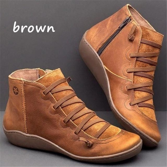 Women's PU Leather Ankle Boots Autumn Winter Cross Strappy Vintage Zipper Punk Boots Flat Short Snow Boots Lace Up Shoes