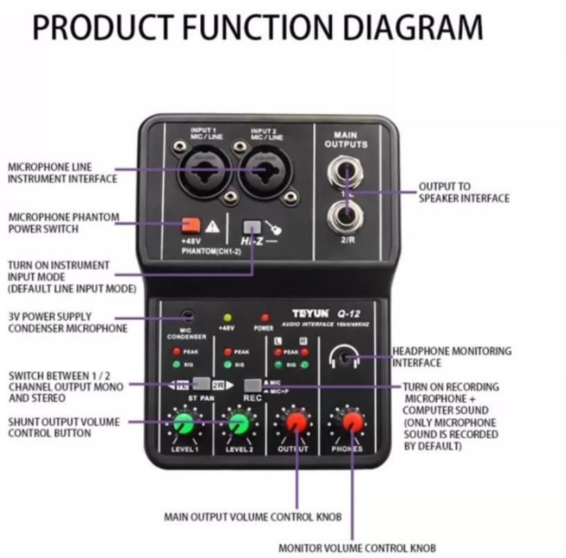 TEYUN Q12 Universal Professional Audio Interface Sound Card Computer Electric Guitar Studio Singing Q12 Audio Equipment
