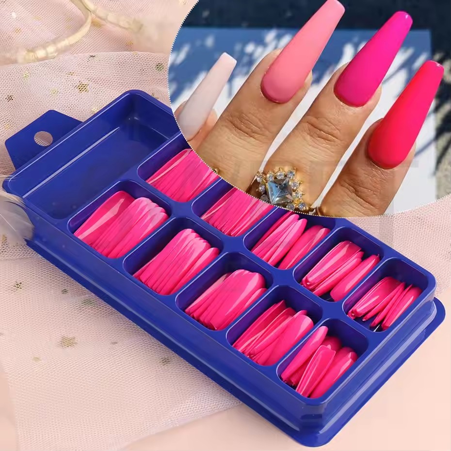 100pcs Nude Pink False Nail Press On Nails Acrylic Extension Coffin Forms Nail Tips Artificial Long Full Cover Fingernails Tools