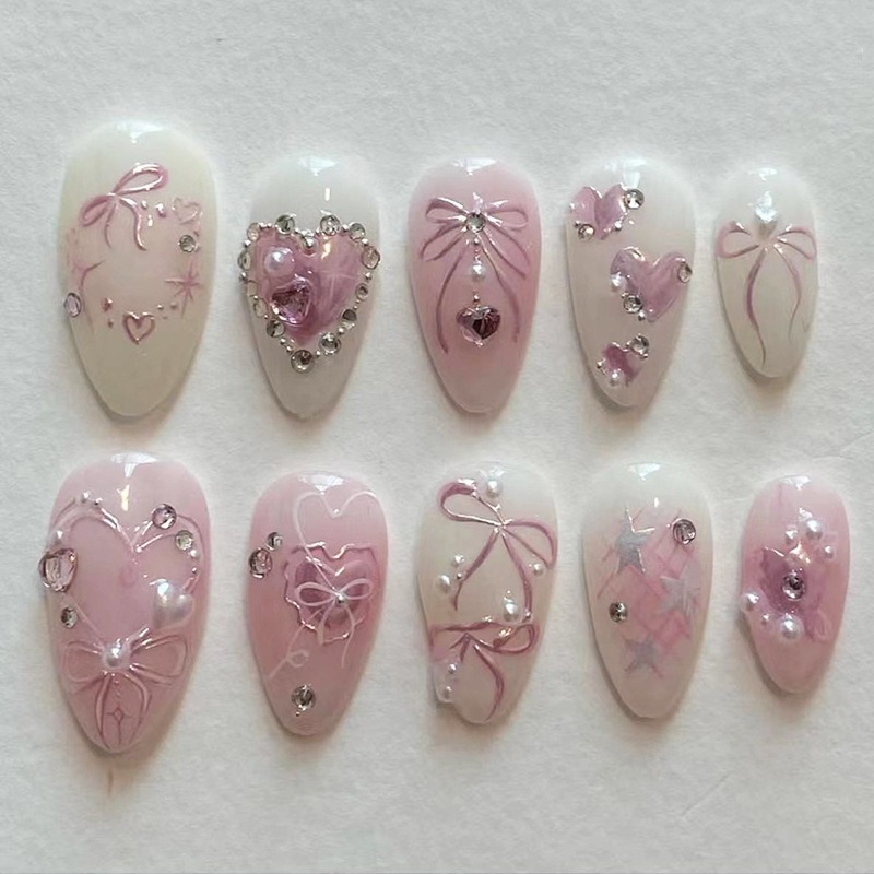 24Pcs Sweet Short Almond French False Nails with Glue 3D Wave Nail Pattern Floral Pink Blush Press on Acrylic Nail Manicure Tips